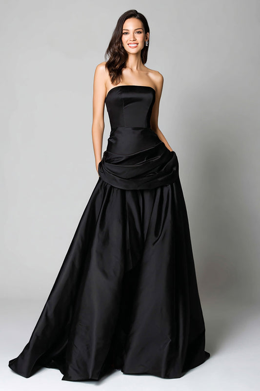Black Strapless A-Line Satin Ruched Long Formal Dress