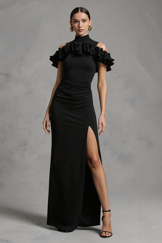 Black High Neck Satin Mermaid Long Formal Dress with Ruffles