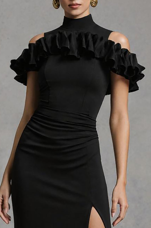 Black High Neck Satin Mermaid Long Formal Dress with Ruffles