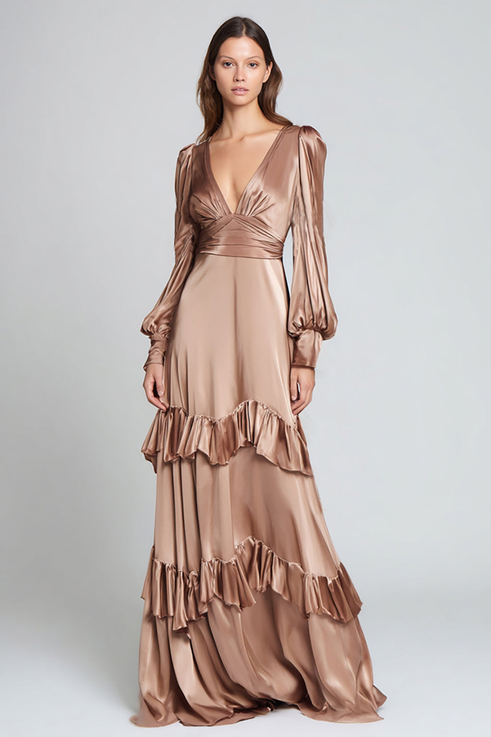 Zapakasa Women Light Brown Satin Ruffled Long Formal Dress with Sleeves V-Neck A-Line Military Ball Dress Zapakasa Women Light Brown Satin Ruffled Long Formal Dress with Sleeves V-Neck A-Line Military Ball Dress