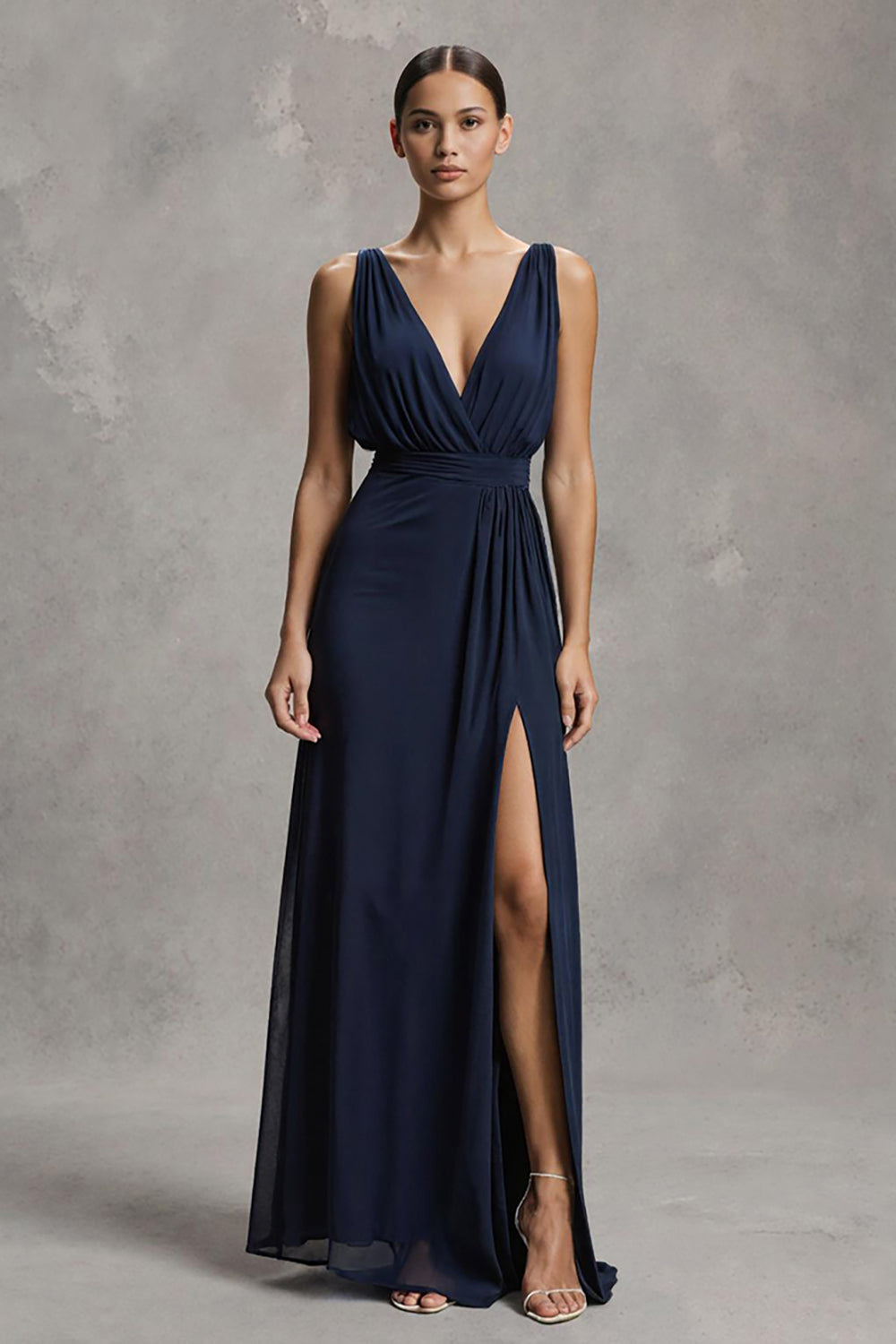 Zapakasa Women Navy Chiffon Ruched Long Formal Dress with Slit Deep V