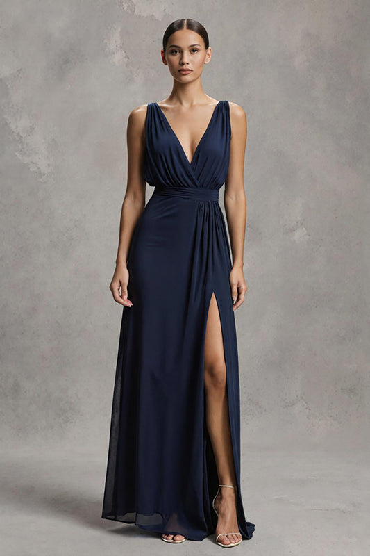 Navy Deep V-Neck Chiffon Sheath Long Formal Dress with Slit