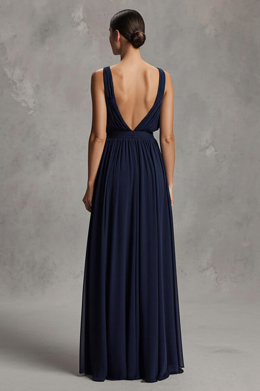 Navy Deep V-Neck Chiffon Sheath Long Formal Dress with Slit