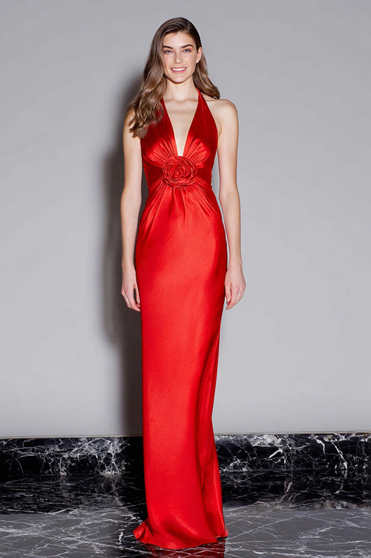Red Halter Satin Mermaid Long Formal Dress with 3D Flower