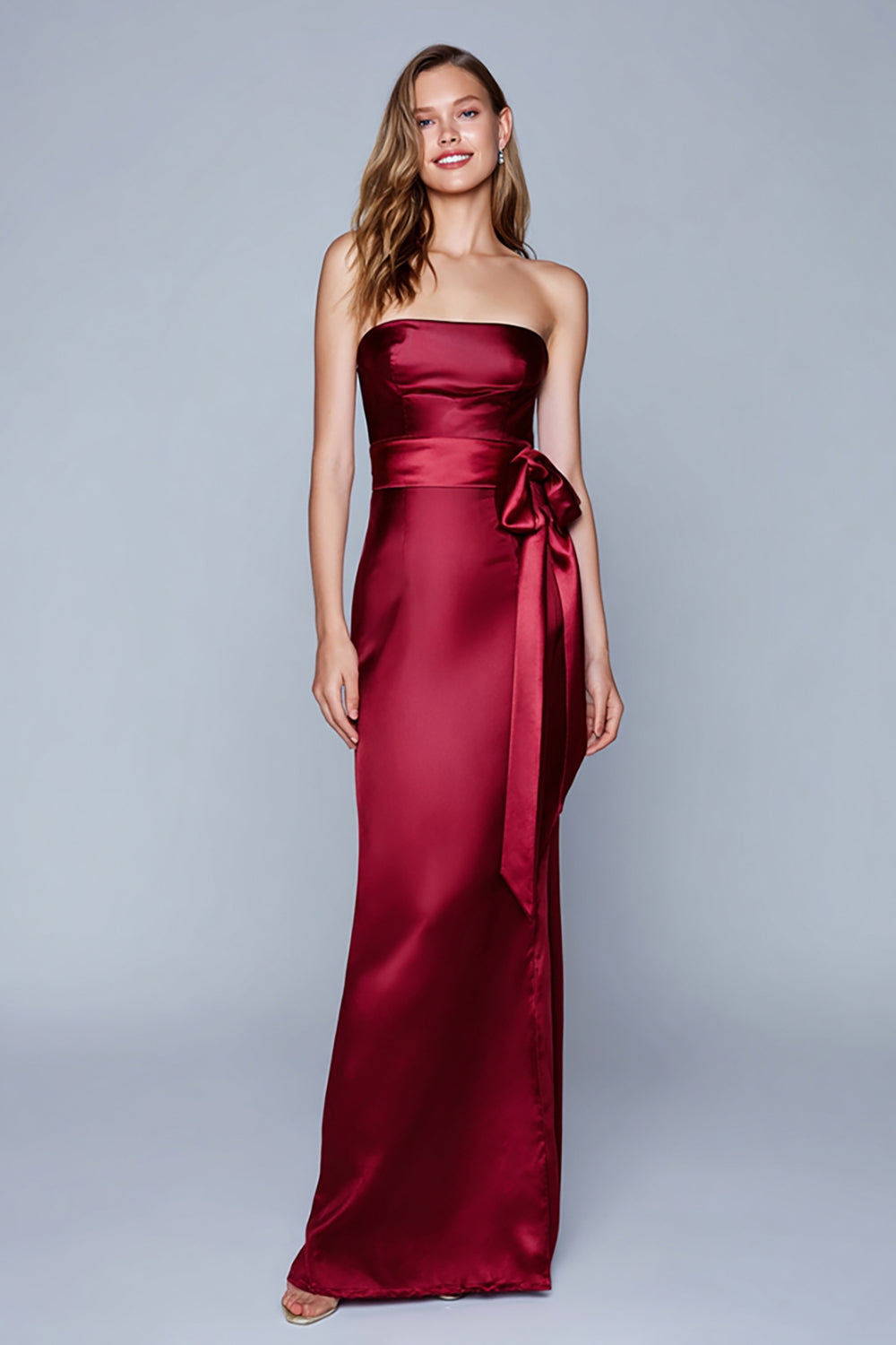 Zapaka Women Burgundy Sheath Long Formal Dress with Sash Satin Strapless Evening Dress, Burgundy / US22W