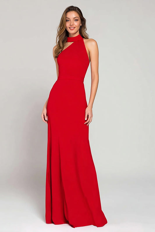 Elegant Red High Neck Satin Mermaid Long Formal Dress