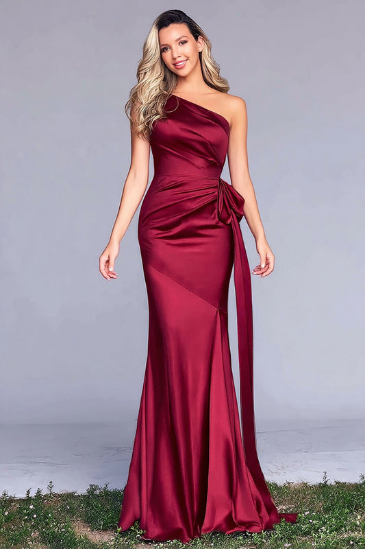Burgundy One Shoulder Mermaid Satin Long Formal Dress with Bow
