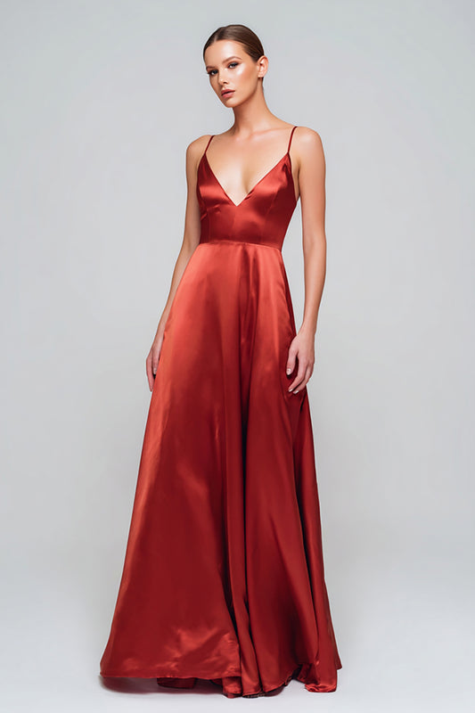 Red Spaghetti Straps Satin A-Line Long Formal Dress