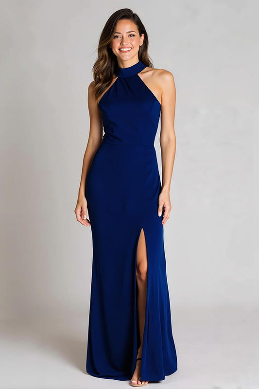 Navy Halter Satin Mermaid Backless Long Formal Dress with Slit