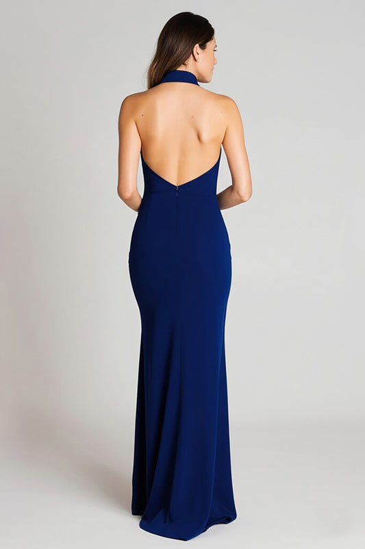 Navy Halter Satin Mermaid Backless Long Formal Dress with Slit