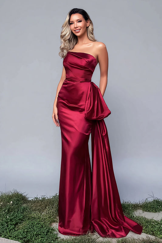 Burgundy Strapless Mermaid Satin Long Formal Dress with Side Cape