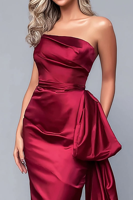 Burgundy Strapless Mermaid Satin Long Formal Dress with Side Cape