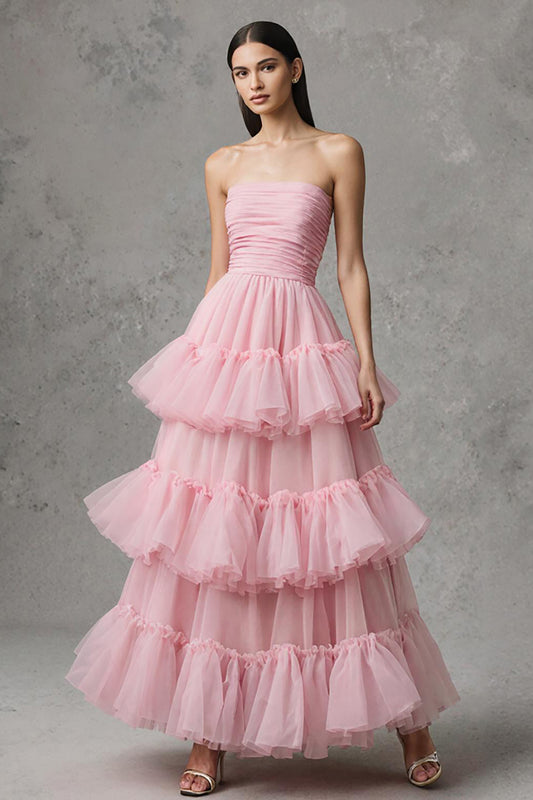 Pink Strapless A-Line Tulle Ruffled Long Pageant Dress