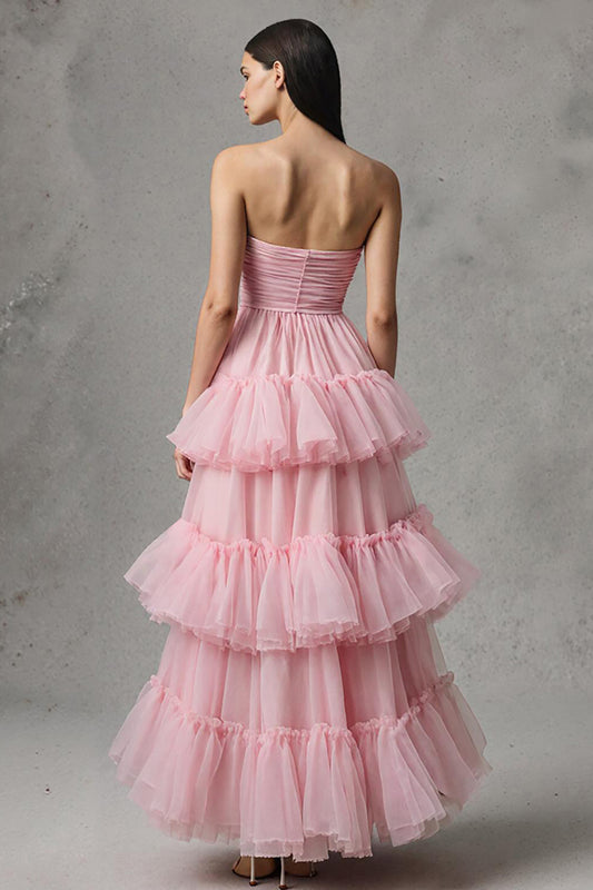 Pink Strapless A-Line Tulle Ruffled Long Pageant Dress
