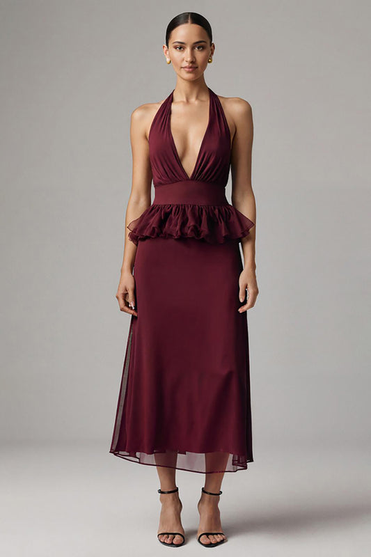 Burgundy Halter Sheath Chiffon Tea Length Formal Dress with Ruffles