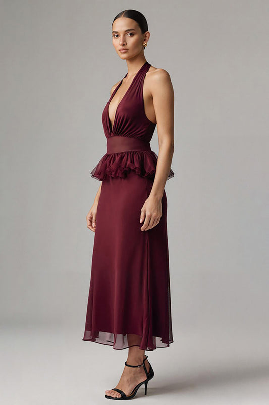 Burgundy Halter Sheath Chiffon Tea Length Formal Dress with Ruffles