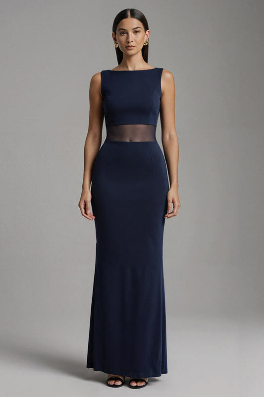 Simple Navy Boat Neck Satin Mermaid Long Formal Dress