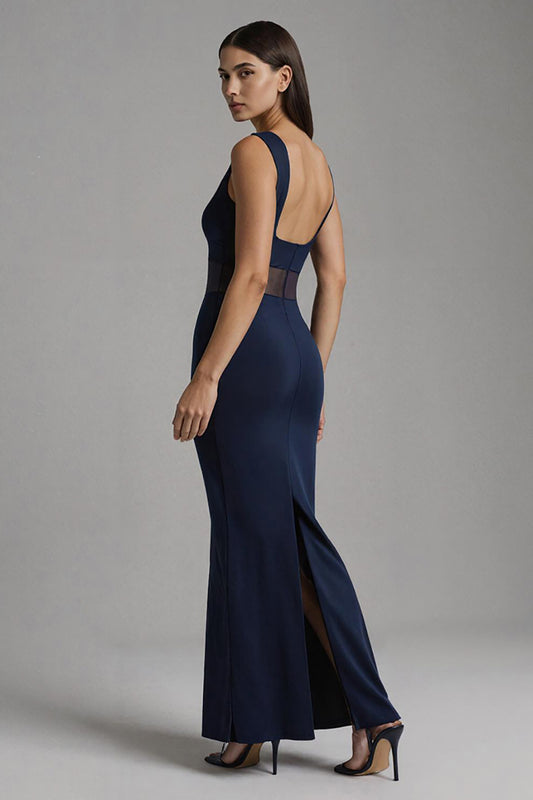 Simple Navy Boat Neck Satin Mermaid Long Formal Dress