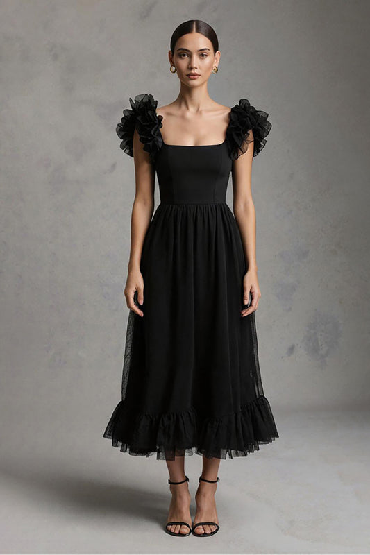 Black Square Neck A-Line Tulle Long Formal Dress with Ruffles