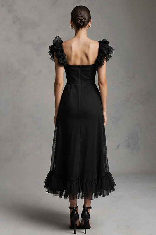 Black Square Neck A-Line Tulle Long Formal Dress with Ruffles