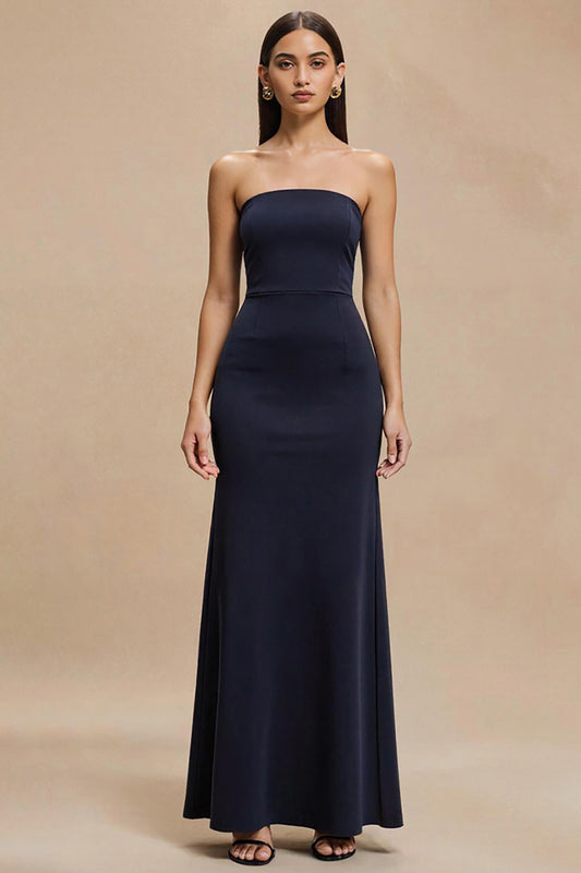 Simple Navy Strapless Satin Mermaid Long Formal Dress
