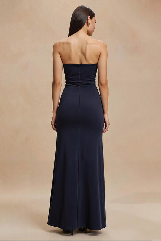 Simple Navy Strapless Satin Mermaid Long Formal Dress
