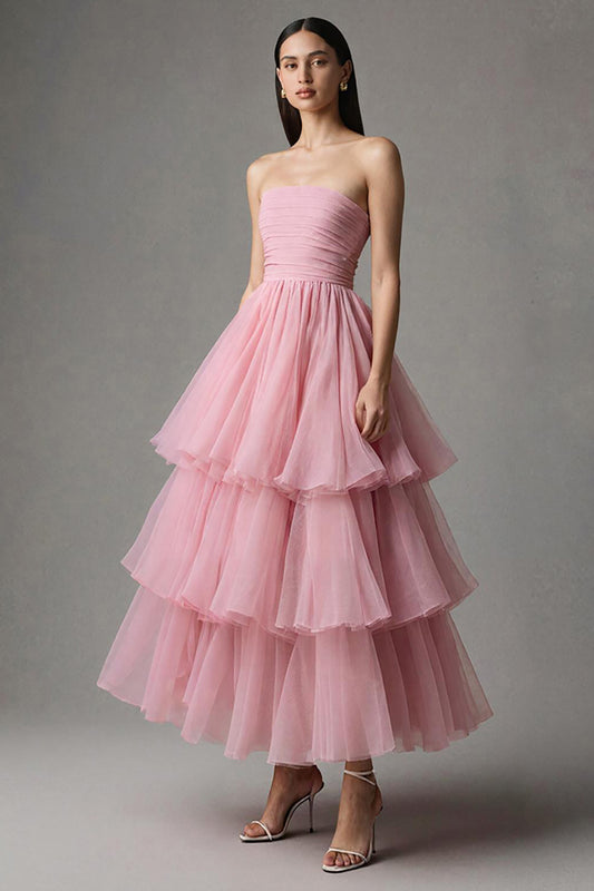 Pink Strapless A-Line Tulle Ruffled Ankle Length Pageant Dress