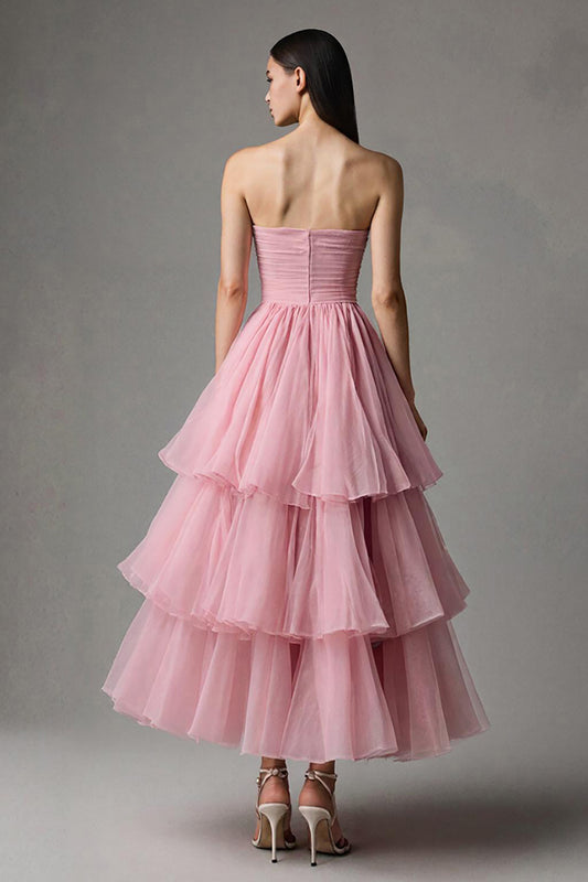 Pink Strapless A-Line Tulle Ruffled Ankle Length Pageant Dress