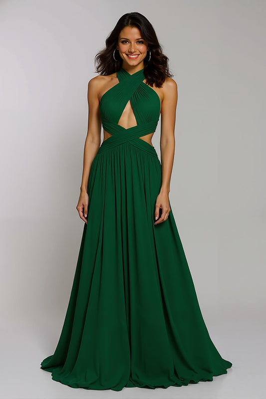 Dark Green Halter Chiffon Cut-Out A-Line Long Holiday Party Dress