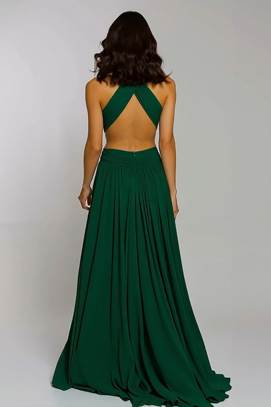 Dark Green Halter Chiffon Cut-Out A-Line Long Holiday Party Dress