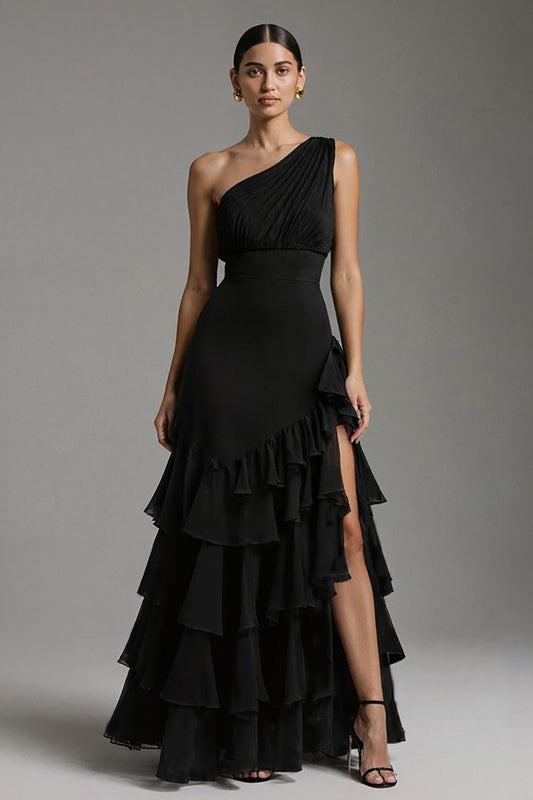 Black One Shoulder A-Line Chiffon Ruffled Long Formal Dress with Slit
