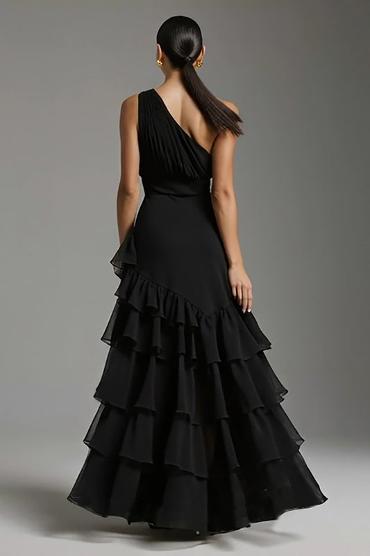 Black One Shoulder A-Line Chiffon Ruffled Long Formal Dress with Slit