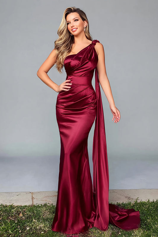 Burgundy One Shoulder Satin Mermaid Formal Dress with Side Cape