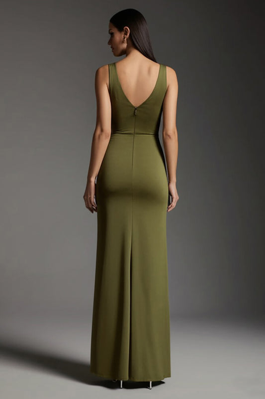 Simple Olive V-Neck Satin Mermaid Formal Dress with Slit
