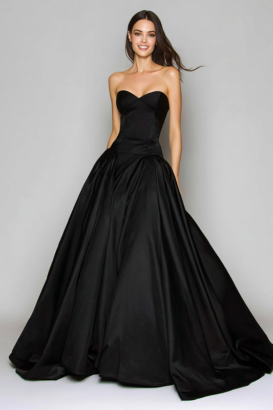 Black Sweetehart A-Line Satin Long Formal Dress