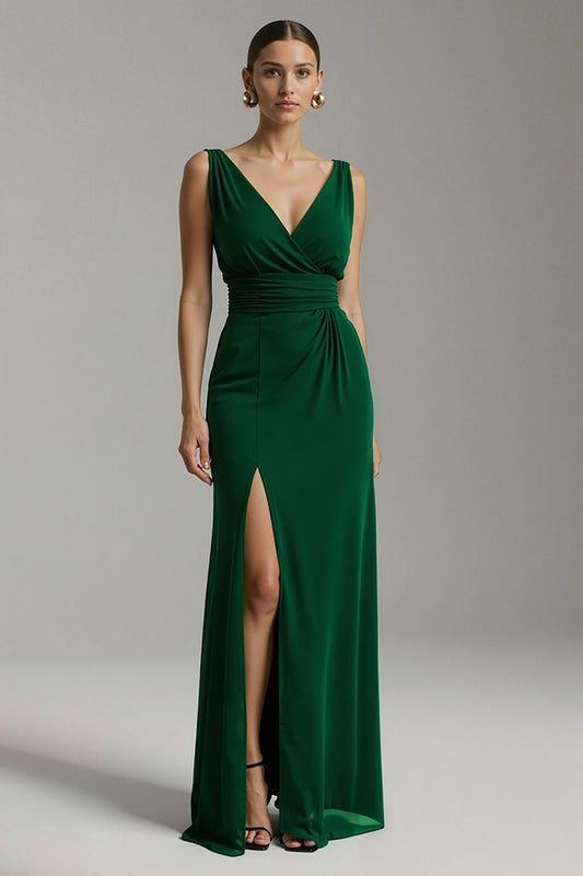 Dark Green V-Neck Chiffon Sheath Long Holiday Party Dress with Slit