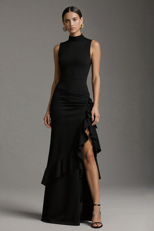 Black High Neck Mermaid Ruffled Satin Long Formal Dress with Slit