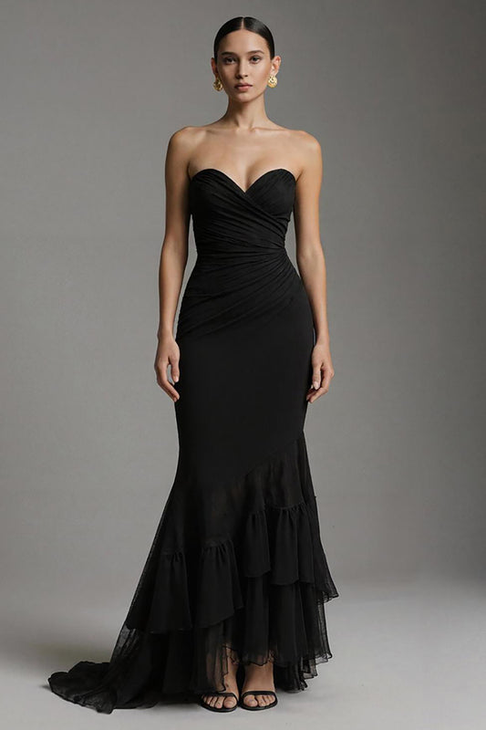Zapaka Black Mermaid Ruffled Long Formal Wedding Guest Dress Sweetheart Ruched Black Tie Dress