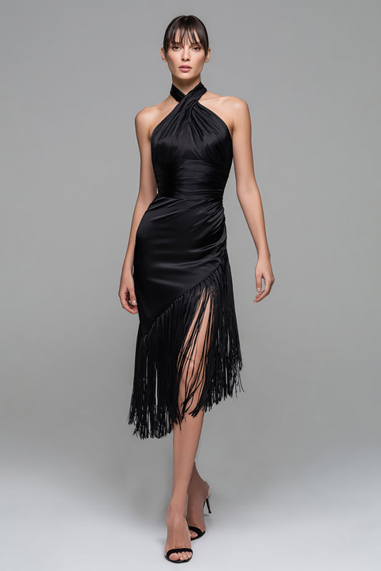 Black Halter Satin Midi Semi-Formal Dress with Fringes