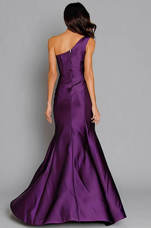Purple One Shoulder Satin Mermaid Long Formal Dress
