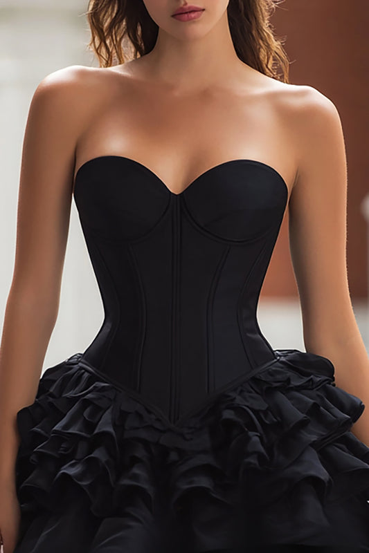 Black Sweetheart Satin A-Line Ruffled Corset Short Cocktail Dress
