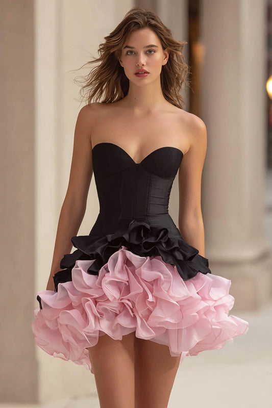 Black and Pink Satin A-Line Sweetheart Tiered Corset Short Cocktail Dress