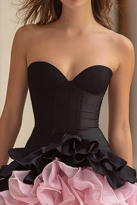 Black and Pink Satin A-Line Sweetheart Tiered Corset Short Cocktail Dress