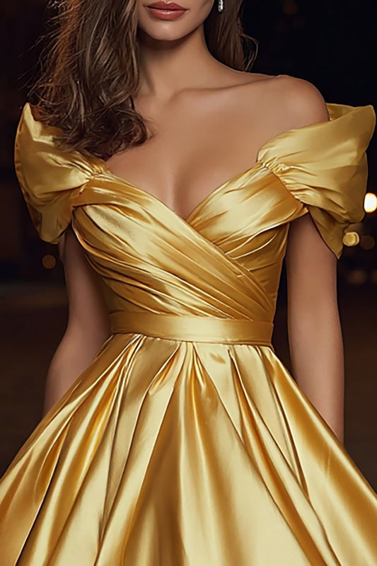Gold Off the Shoulder Ruched Satin A-Line Short Cocktail Dress