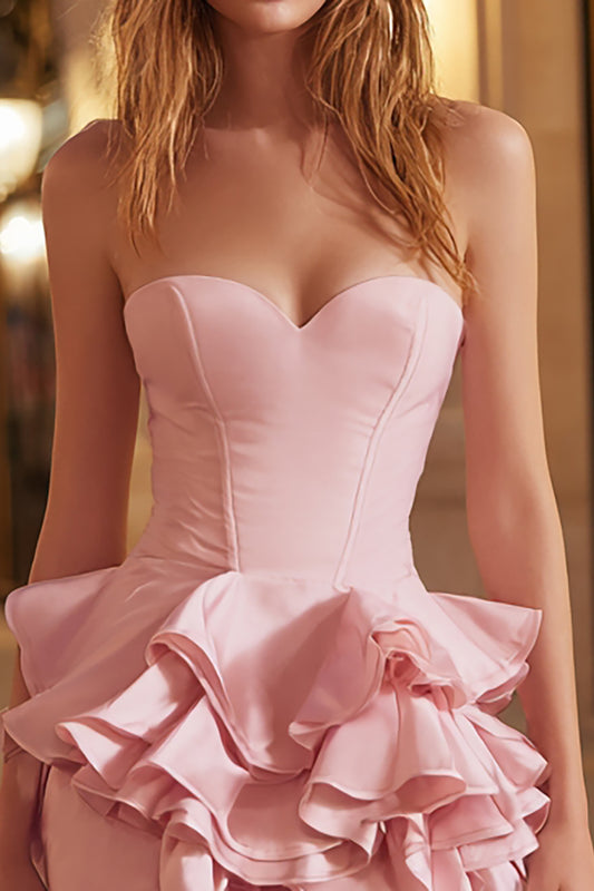 Pink Sweetheart Ruffled Tight Corset Short Cocktail Dress