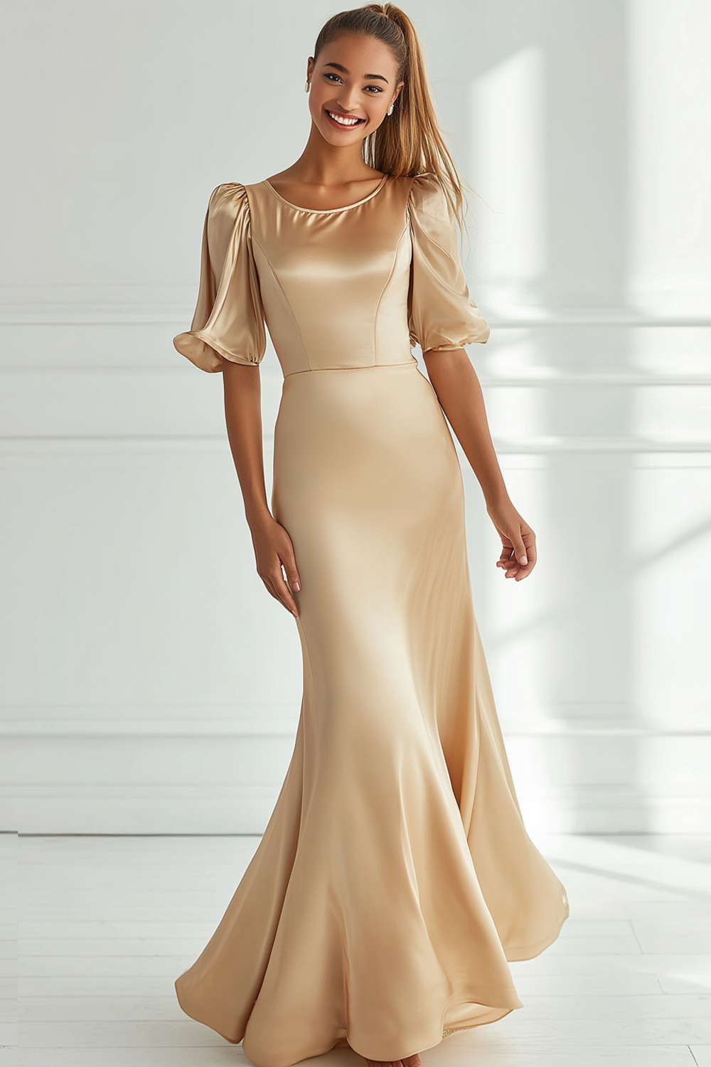 ZAPAKASA Women Champagne Satin Formal Dress Mermaid Round Neck Long