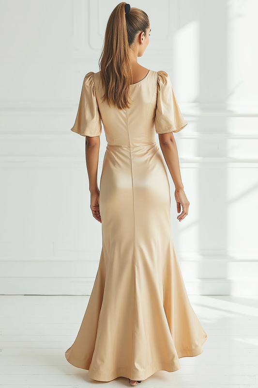 Champagne Satin Mermaid Long Formal Dress with Short Sleeves