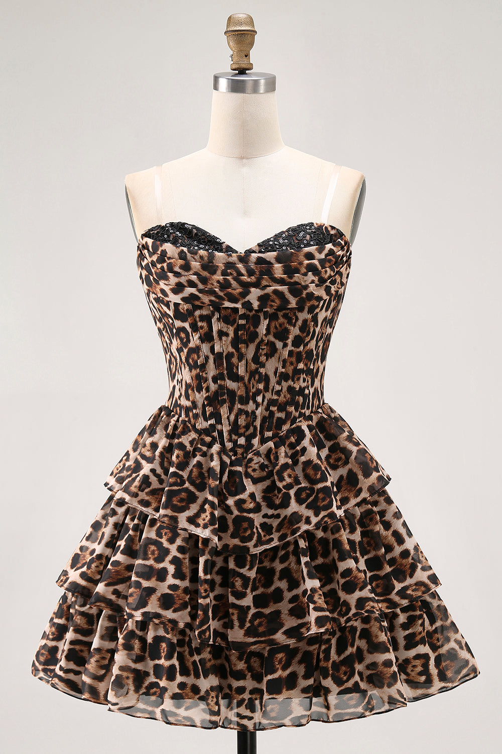 Zapakasa Women Brown Leopard Corset Short Tiered Homecoming Dress Sweetheart A Line Cocktail Dress with Ruffles Zapakasa Women Brown Leopard Corset Short Tiered Homecoming Dress Sweetheart A Line Cocktail Dress with Ruffles