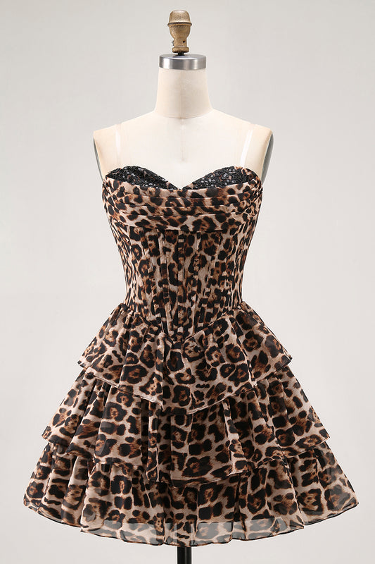 Brown Leopard Corset Sweetheart Short Tiered Homecoming Dress