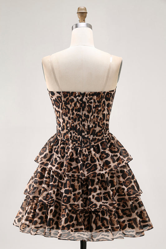 Brown Leopard Corset Sweetheart Short Tiered Homecoming Dress